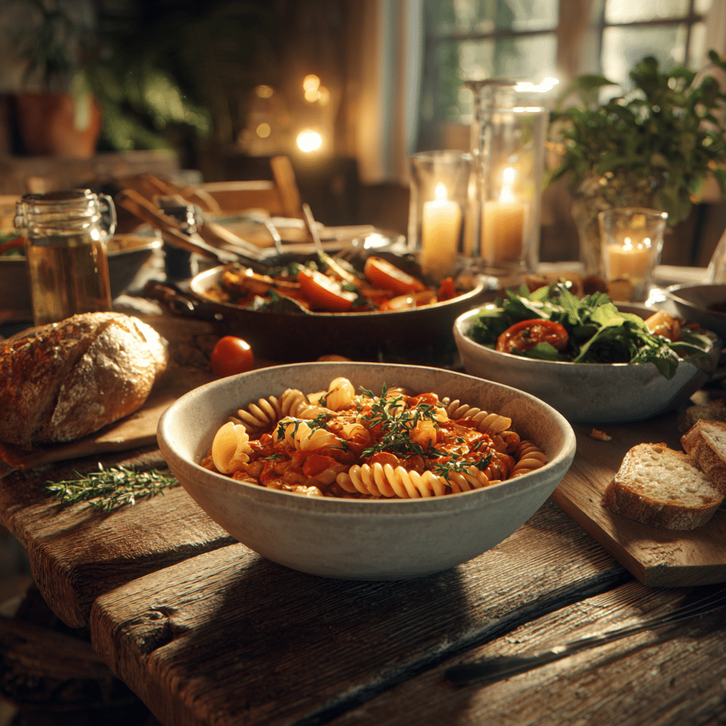 Romantic dinner with pasta, bread, and candlelight