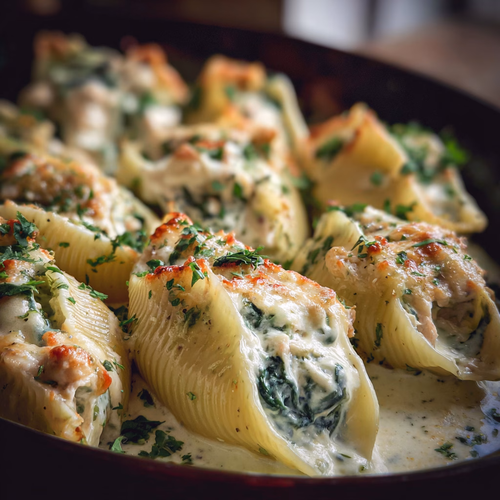 Chicken Stuffed Shells with Spinach and Alfredo Sauce